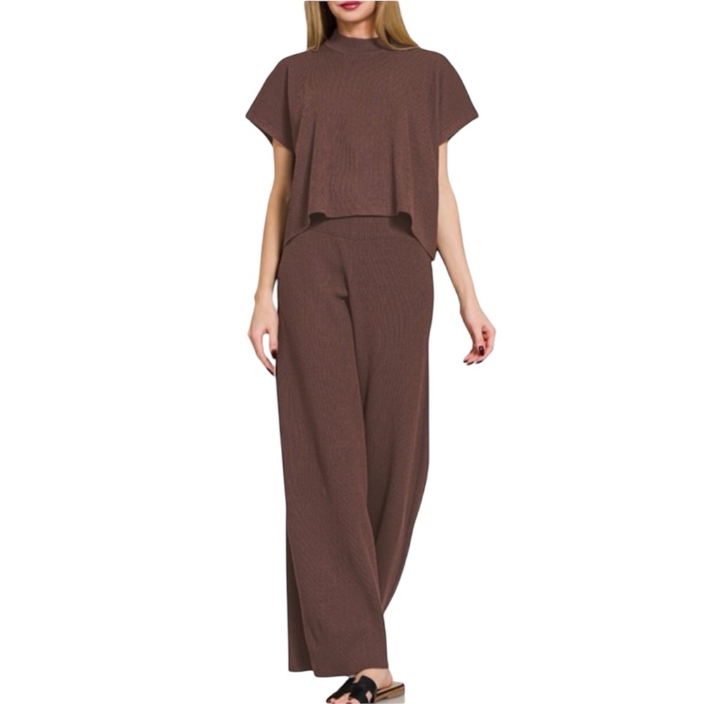 Zenana Chocolate Brown Viscose Blend Knit Wide Leg Pants Set (New without Tag)